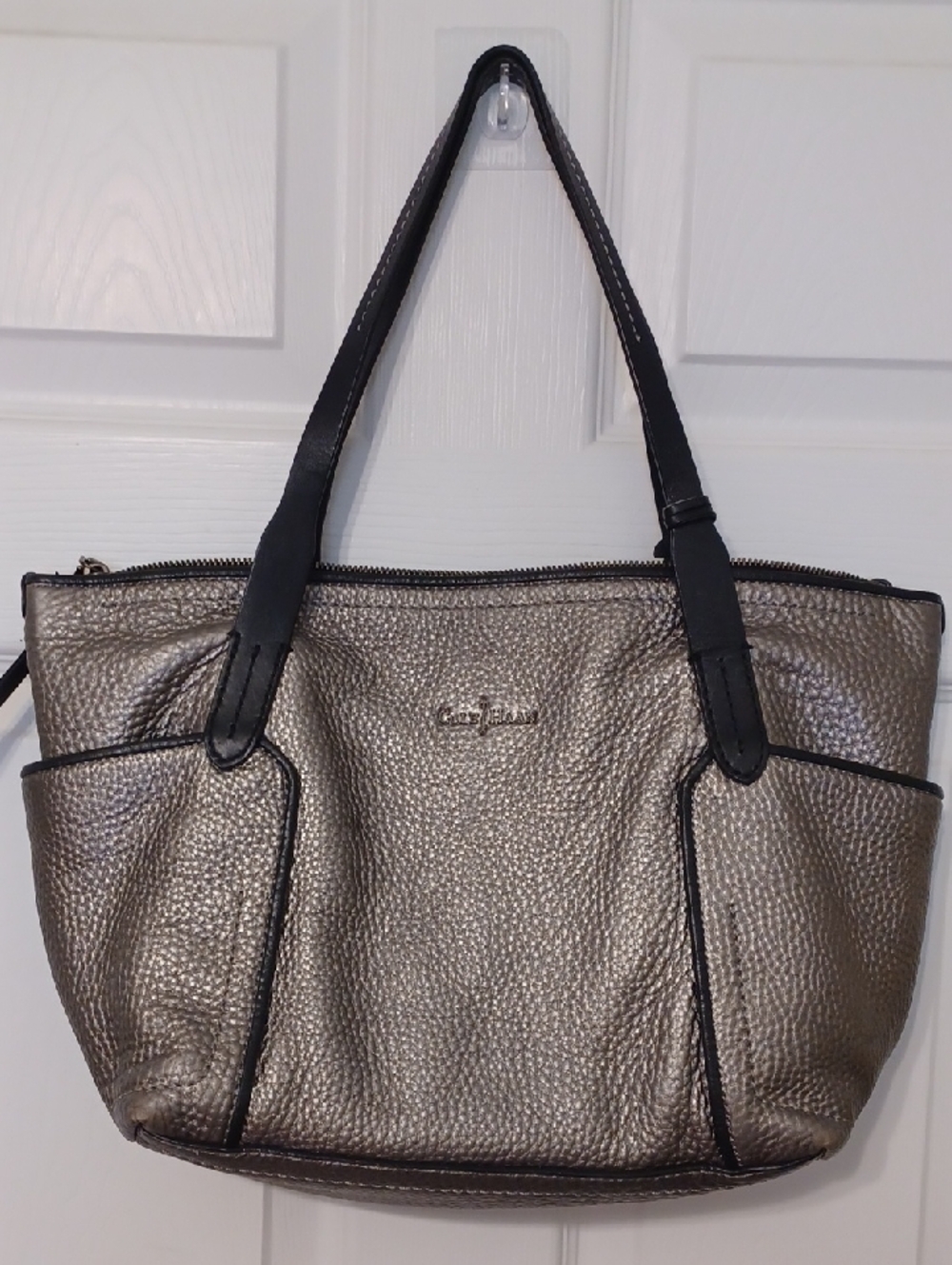 Cole Haan Gunnmetal Silver Metallic Pewter, Leather, Luxury Purse  Black Handles